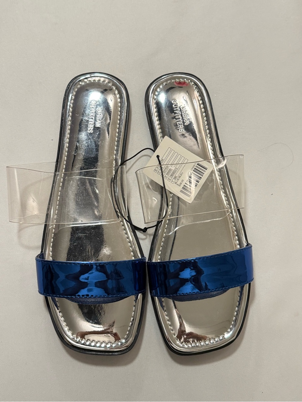 Urban Outfitters Metallic Silver Slide Sandals with Blue Strap size 8